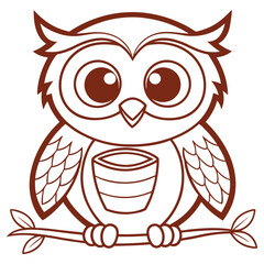Owl Outline Perched on Branch, Big Eyes, Wings Detailed, Brown Color