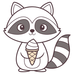 Cute Raccoon Cartoon Holding Ice Cream Cone, Striped Tail, Animal Illustration, Outline