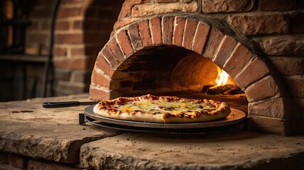 A delicious cheesy pizza fresh out of a rustic brick oven, bathed in warm, golden light.
