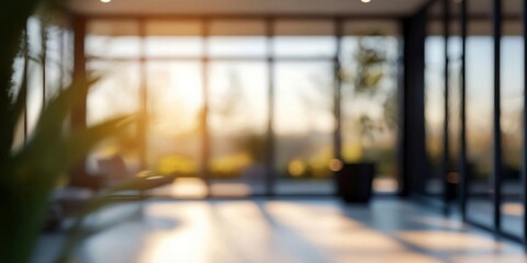 Beautiful blurred background of a light modern office interior with panoramic windows and beautiful lighting. Generative AI