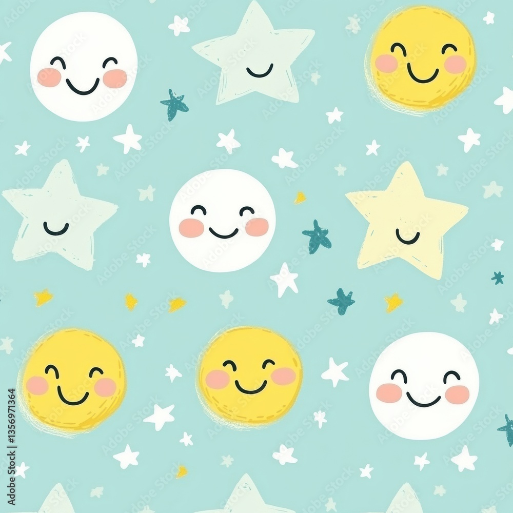 Poster bright and cheerful seamless baby pattern with playful cartoon smiley faces and glowing stars in sof