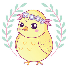 Adorable Yellow Chick Cartoon with Flower Crown and Green Leaf Accent on White