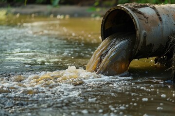Sewage pipe discharging dirty water into a polluted environment  
