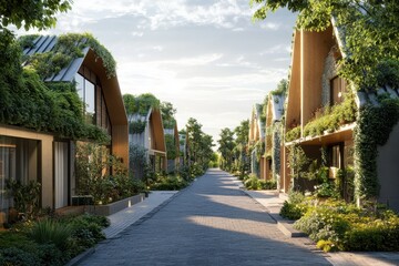 Fototapeta premium Modern Eco-Friendly Housing with Lush Greenery and Sustainable Design