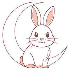 Cute White Rabbit Cartoon Sitting, Moon Behind, Simple Outlines, Isolated