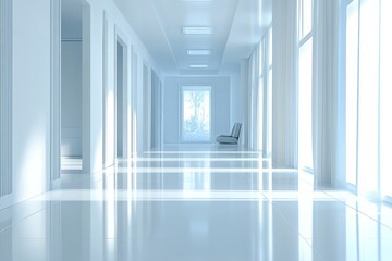 Fototapeta premium a modern, bright hallway with a chair and window at the end. The perspective draws the eye down the corridor, highlighting the clean and minimalist design.