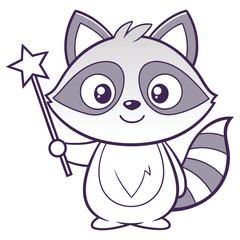 Cartoon Raccoon with Magic Wand in Hand, Cute Animal Character Line Art