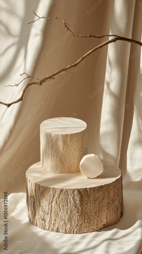 Poster Elegant wooden platforms and a soft spherical object rest on a light fabric backdrop, illuminated by natural sunlight filtering through gentle shadows in a tranquil setting
