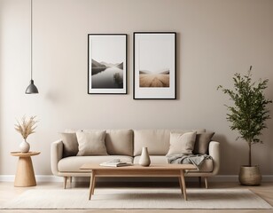 Cozy Beige Living Room Interior with Landscape Prints
