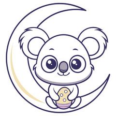 Cute Koala Cartoon Character Sitting on Moon Holding Egg, Isolated on White Background
