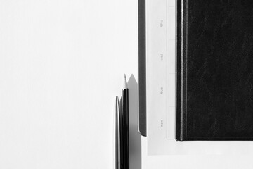 Workplace Mockup. Notebook, Daily Planner, Laptop, Pen and Pencil Set on Office Desk. Business. Business Agenda Mockup.