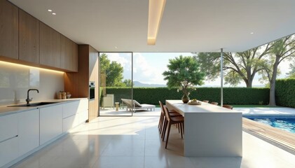 Sleek minimalist kitchen with pool and terrace access , design, pool view