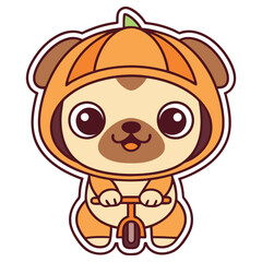 Cartoon Pug Dog Rides Bike, Wearing Pumpkin Costume with Outline on White Background