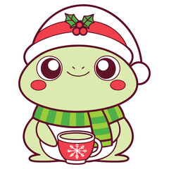 Cartoonish lightgreen frog wears a red Christmas hat and holds a decorated mug