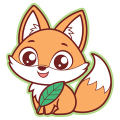 Cartoon Fox Sitting with Green Leaf, Cute Animal Character with Big Eyes, Outline
