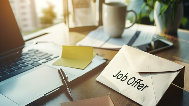 Close-up of a glowing envelope with a "Job Offer" stamp on a clean desk, symbolizing career opportunity and new beginnings in professional life.