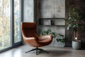 a modern and stylish living room interior, featuring a brown leather armchair, large windows and decorative plants. The scene exudes a sense of comfort and sophisticated elegance.
