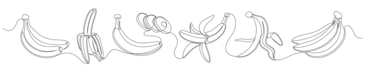 Bananas continuous one line drawing set isolated on a white background. Horizontal banner. Outline banana fruit collections. Editable stroke. Vector illustration