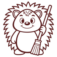 Smiling Hedgehog Holding a Broom, Cute Cartoon Outlined, White Background, Adorable