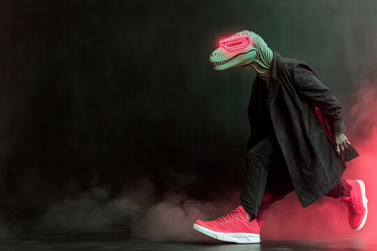 A futuristic Velociraptor in cyberpunk style: neon-lit visor, sleek black trench coat, glowing sneakers, and robotic enhancements. The raptor looks ready for action. High-energy, sci-fi vibes - Powered by Adobe