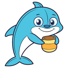 Cartoon Blue Dolphin with Yellow Honey Pot on Isolated White