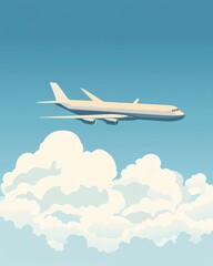 Obraz premium Airplane Flying Over Fluffy Clouds in Bright Blue Sky