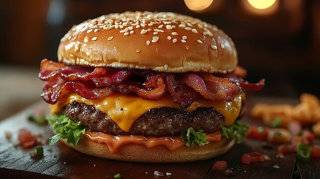 Minimalist banner featuring a close-up burger with crispy bacon, melted cheese, and fresh toppings  