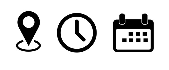 Address. time, and date icon vector. Event elements isolated on transparent background. Clock, pin map location,