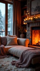 Warm lighting, plush sofa, fireplace, throw blankets, autumn, serene