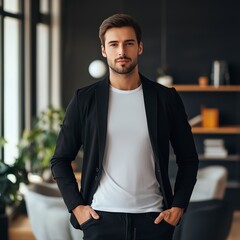 A stylish man effortlessly combines a blank black t-shirt mockup with a blazer, creating a smart-casual look in a modern office setting
