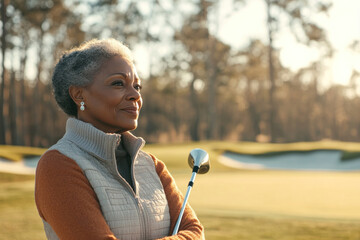Serene autumn afternoon on golf course with mature wealthy african american woman. senior activity, retirement leisure, hobby. banner with copy space