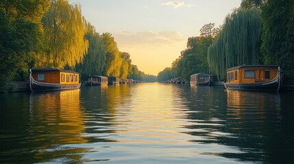 Obraz premium Calm sunset over canal, houseboats reflecting golden light