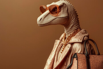 Obraz premium A tall Diplodocus in high-fashion streetwear: designer trench coat, oversized sunglasses, chunky gold jewelry, and a luxury handbag. The dinosaur struts confidently like a runway model. Sleek, stylish