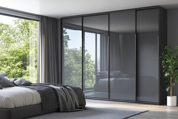 a modern bedroom interior, featuring a large sliding door wardrobe with reflective glass, overlooking a serene outdoor view.