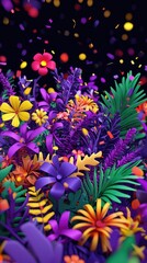 Colorful flowers, confetti, celebration, dark background, phone wallpaper