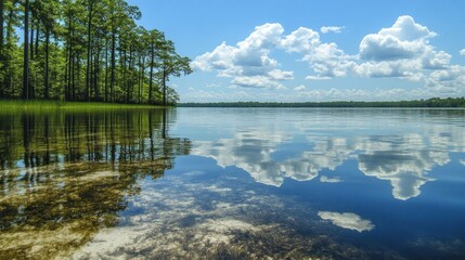 Fototapeta premium Serene lake reflecting sky and clouds, clear water revealing bottom
