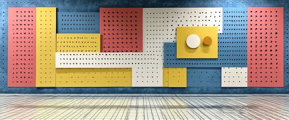 Fototapeta premium Colorful geometric wall art with perforated panels in a modern interior