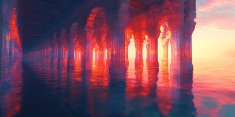 Obraz premium Ancient architectural colonnade reflected in serene water at sunset