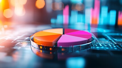 A colorful pie chart on a digital background symbolizes data visualization and analytics in a modern business context.