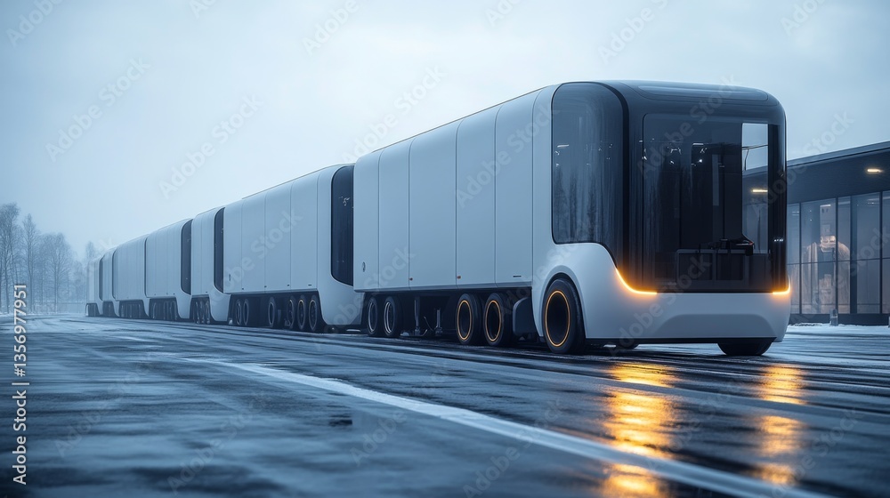 Poster a fleet of sleek electric trucks waits in a high tech distribution center, ready for loading and shi