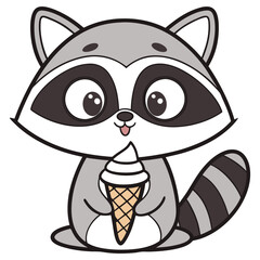 Cute Cartoon Raccoon With Big Eyes Holds an Ice Cream Cone in Paws Isolated