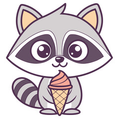 Cute Raccoon Cartoon Character with Ice Cream Cone, Happy Animal Icon, Isolated