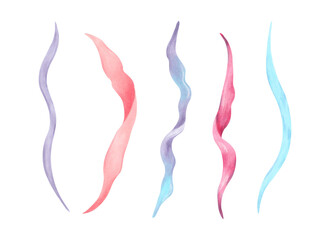 Curved underwater seaweed. Watercolor, marker illustration. Marine botanical plants clipart. Hand drawn isolated art. Ocean flora shape. Suitable for cosmetic design, children's room design, swimsuit