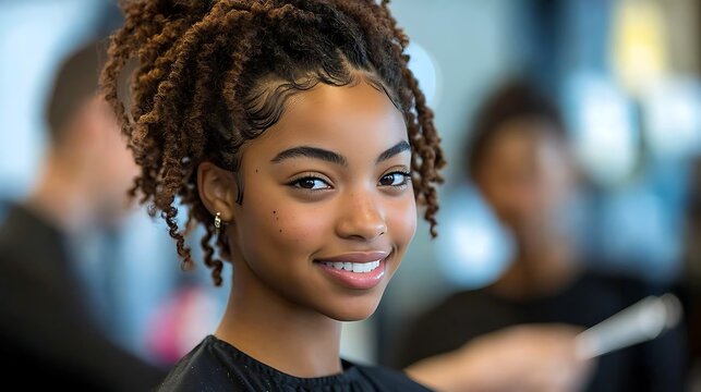 Smiling teen with trendy braids in salon