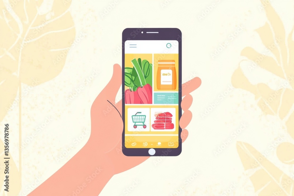 Poster Hand holding smartphone displaying grocery delivery app with vibrant vegetables and a simple user interface at home Generative AI