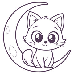 Cute Cat Sitting on Moon Outline, Minimalist Style Design, Simple and Adorable Kitten