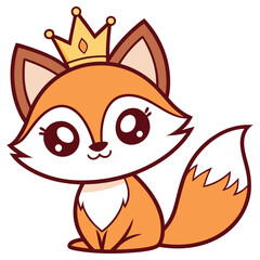 Cartoon Fox Sitting Adorned with a Golden Crown, Big Eyes and Outlined in Dark Maroon