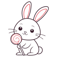 Cartoon Outlined Bunny Holding Swirl Lollipop. Minimalist, Cute Animal, Candy