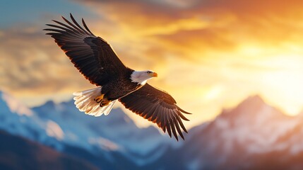 Fototapeta premium Majestic Bald Eagle in Flight at Sunset