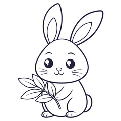 Outline Bunny Sitting Holding Branch Isolated, Easter Concept, Cute, Cartoon, Rabbit